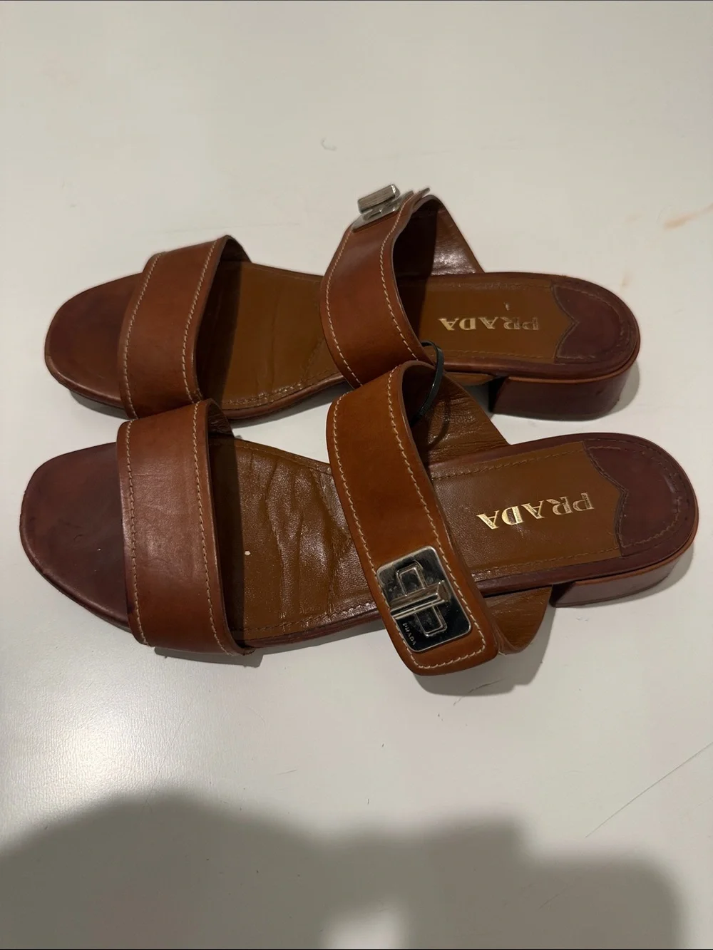PRADA Tan Brown Leather Double-Strap Slide Sandals - Picture 1 of 14
